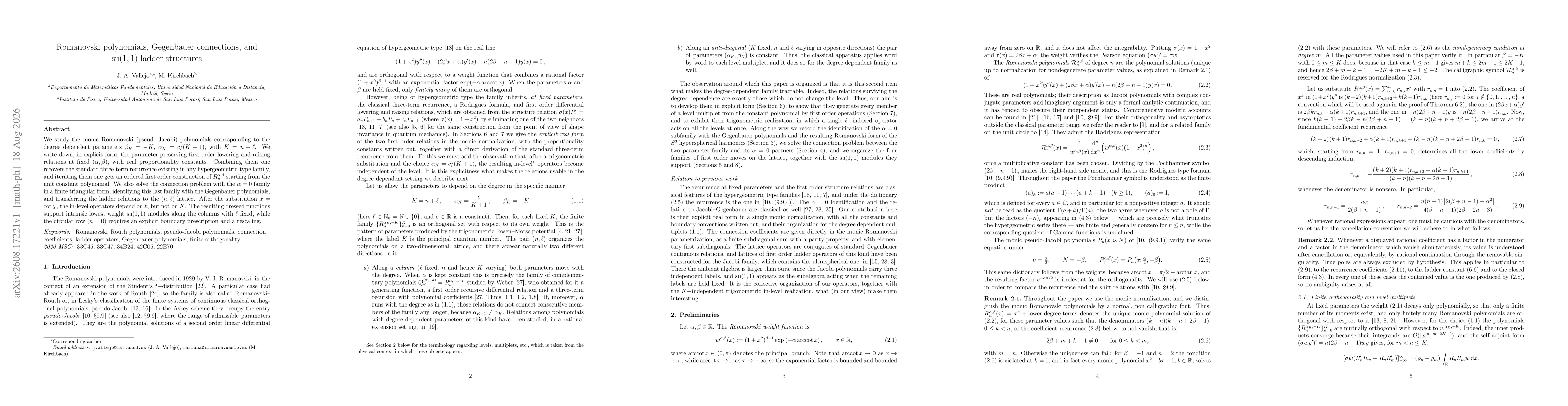 Thumbnail for Romanovski polynomials, Gegenbauer connections, and $\mathrm{su}(1,1)$ ladder structures