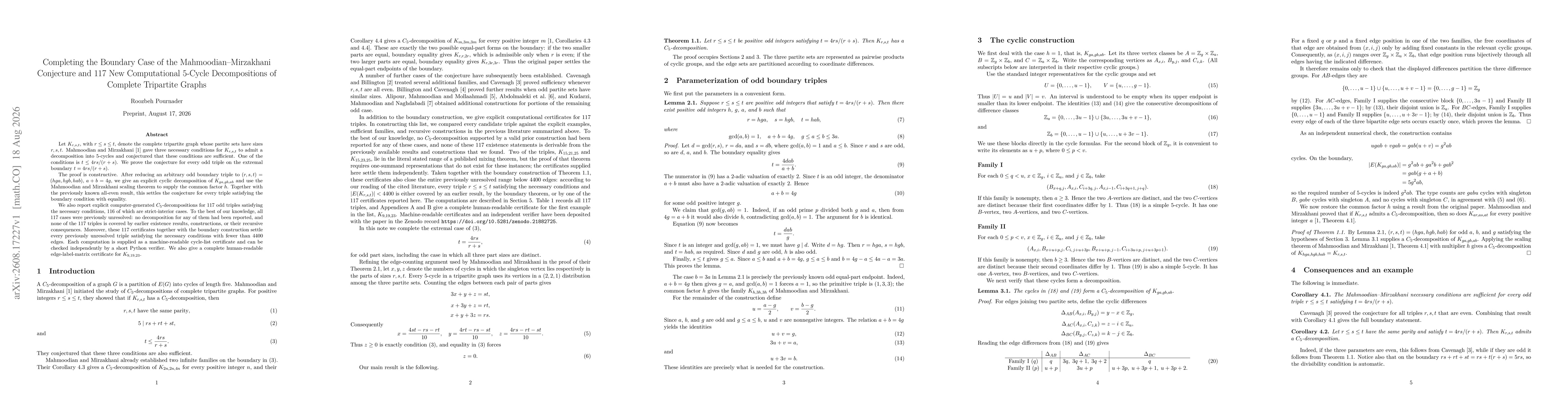 Thumbnail for Completing the Boundary Case of the Mahmoodian-Mirzakhani Conjecture and 117 New Computational 5-Cycle Decompositions of Complete Tripartite Graphs