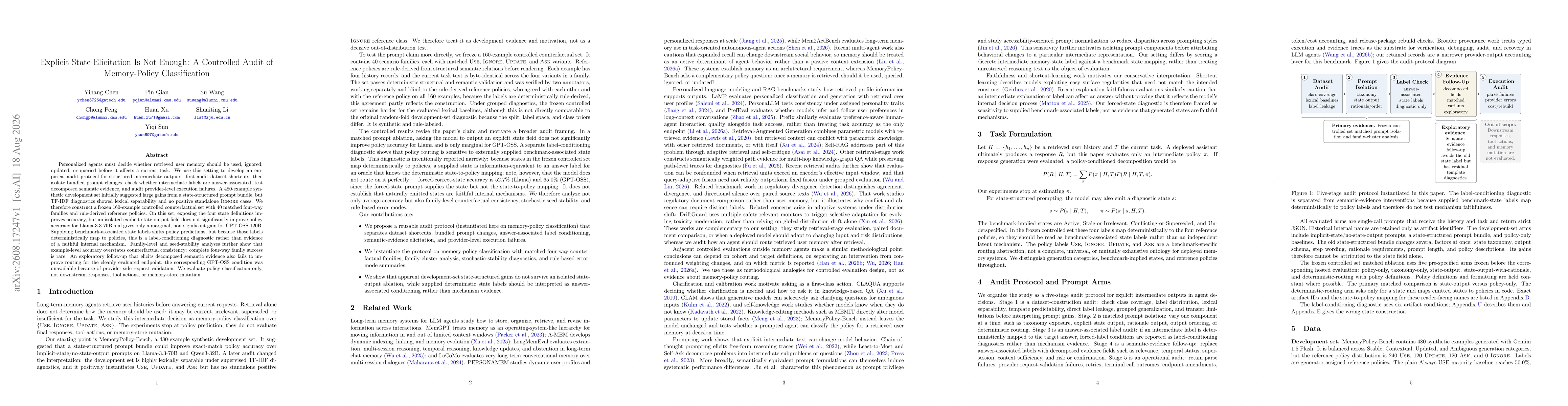 Thumbnail for Explicit State Elicitation Is Not Enough: A Controlled Audit of Memory-Policy Classification