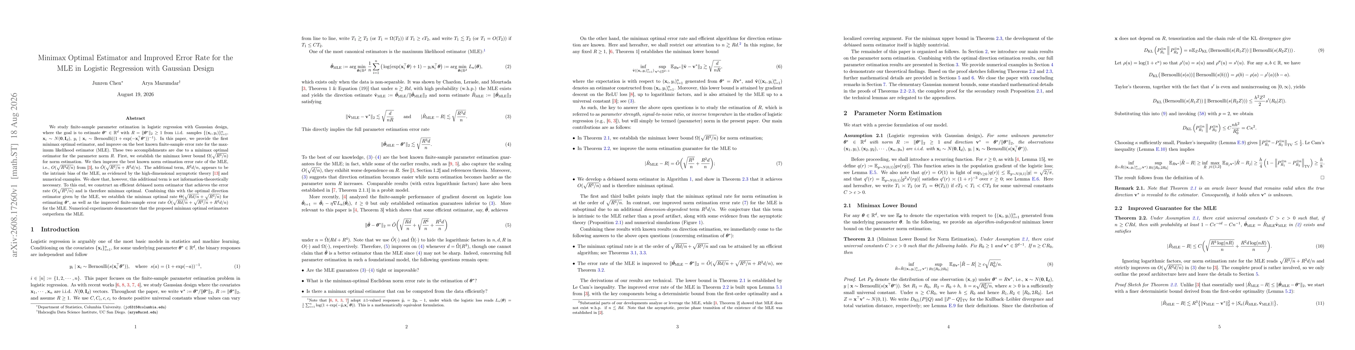 Thumbnail for Minimax Optimal Estimator and Improved Error Rate for the MLE in Logistic Regression with Gaussian Design