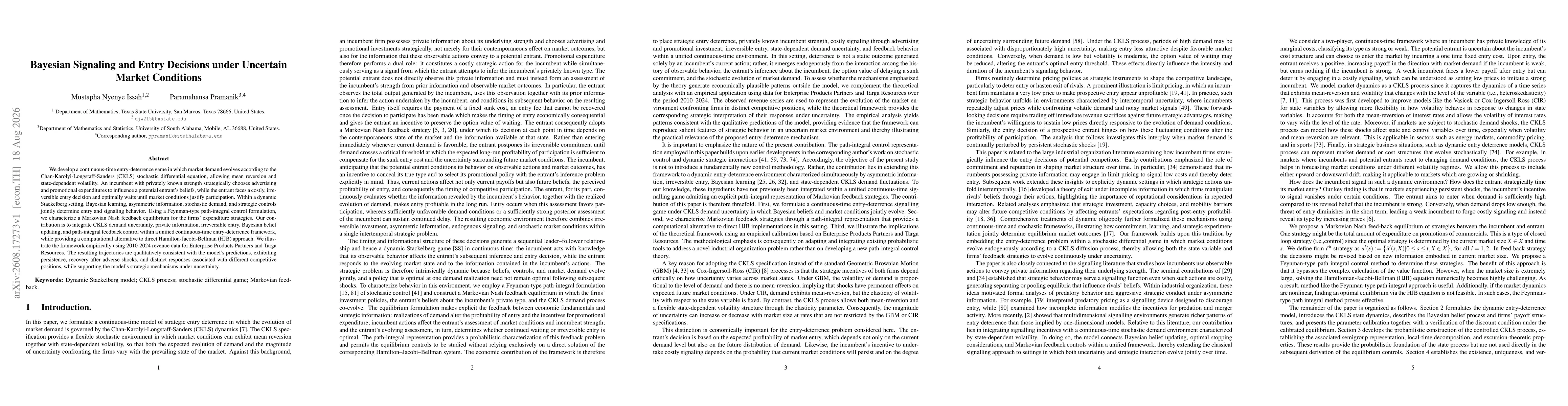Thumbnail for Bayesian Signaling and Entry Decisions under Uncertain Market Conditions