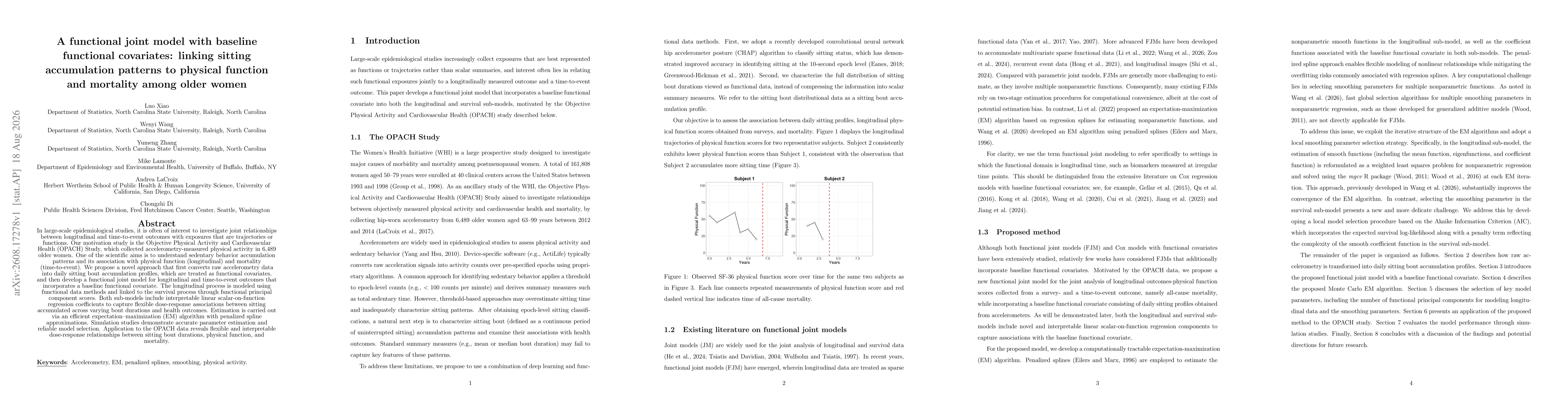 Thumbnail for A functional joint model with baseline functional covariates: linking sitting accumulation patterns to physical function and mortality among older women
