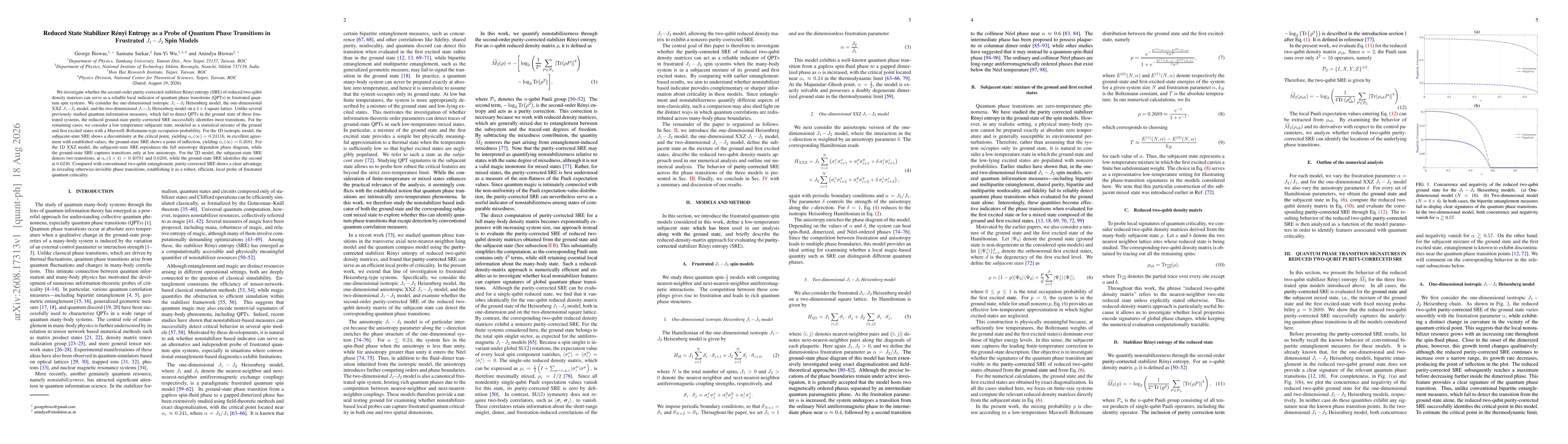 Thumbnail for Reduced State Stabilizer Rényi Entropy as a Probe of Quantum Phase Transitions in Frustrated J_1-J_2 Spin Models