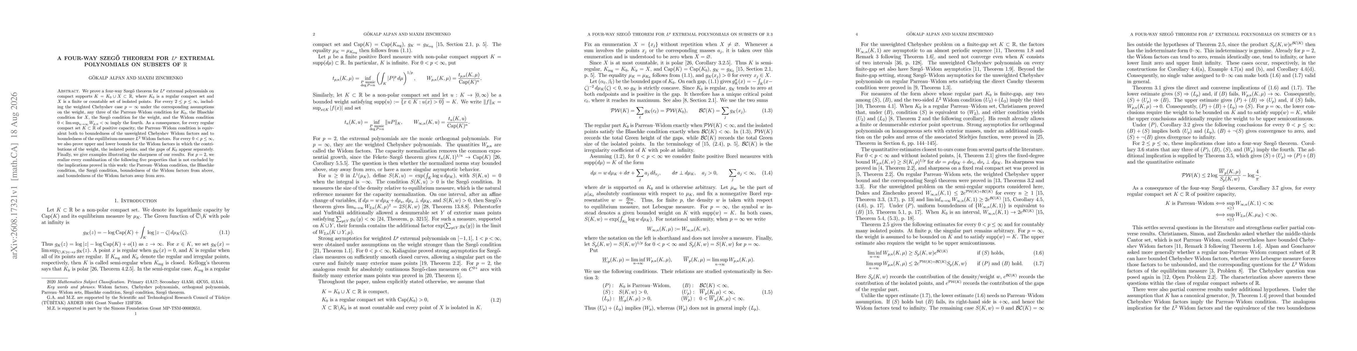 Thumbnail for A four-way Szegő theorem for $L^p$ extremal polynomials on subsets of $\mathbb R$