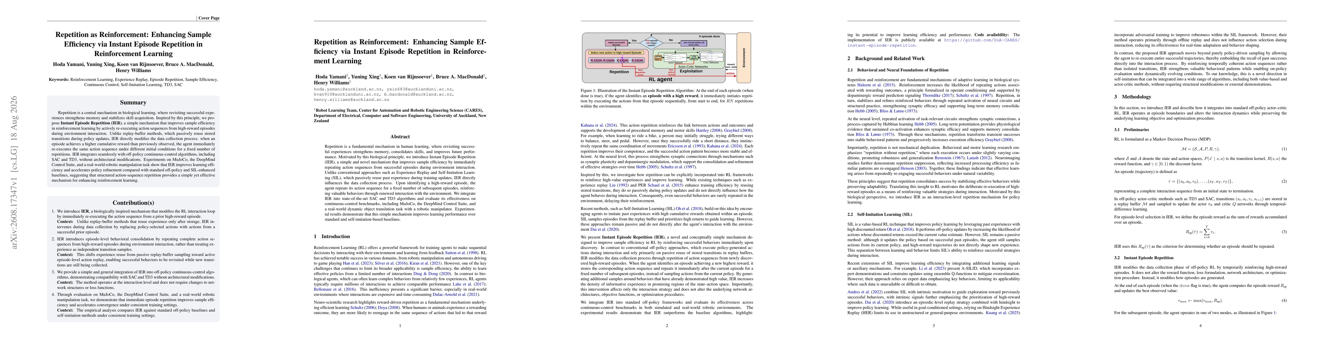 Thumbnail for Repetition as Reinforcement: Enhancing Sample Efficiency via Instant Episode Repetition in Reinforcement Learning
