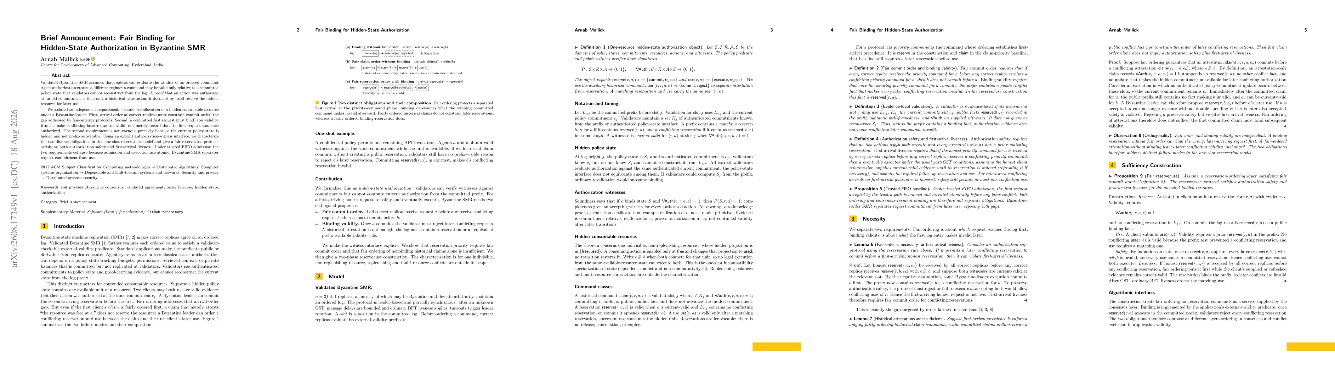 Thumbnail for Brief Announcement: Fair Binding for Hidden-State Authorization in Byzantine SMR