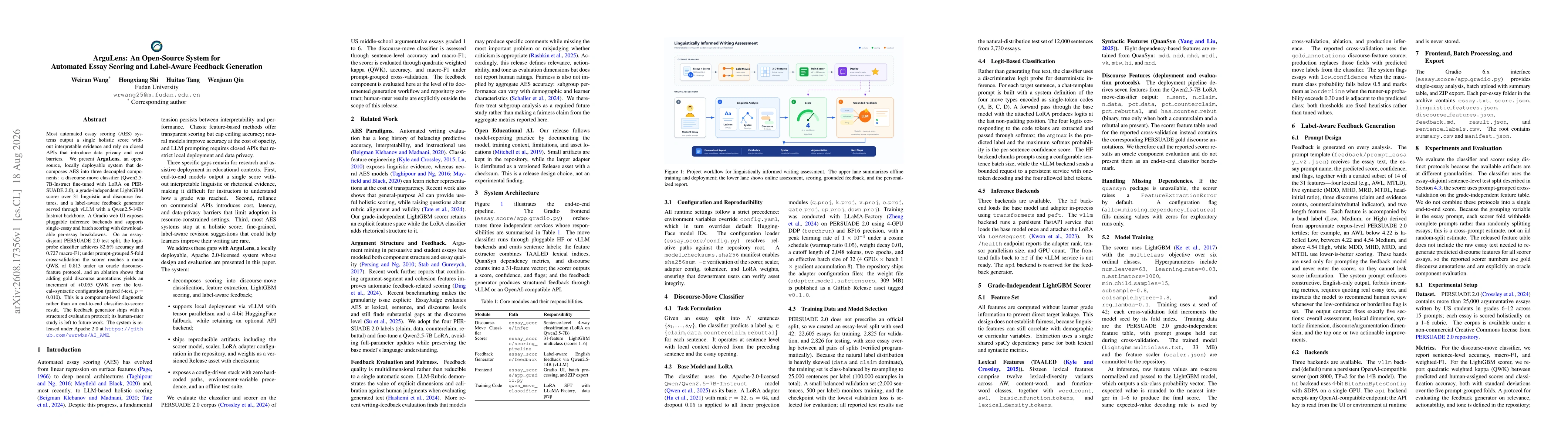 Thumbnail for ArguLens: An Open-Source System for Automated Essay Scoring and Label-Aware Feedback Generation