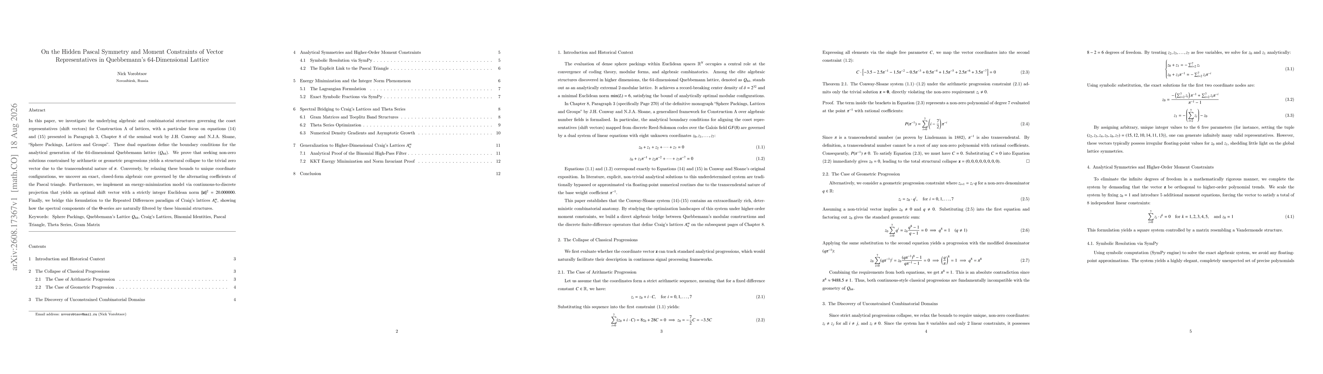 Thumbnail for On the Hidden Pascal Symmetry and Moment Constraints of Vector Representatives in Quebbemann's 64-Dimensional Lattice