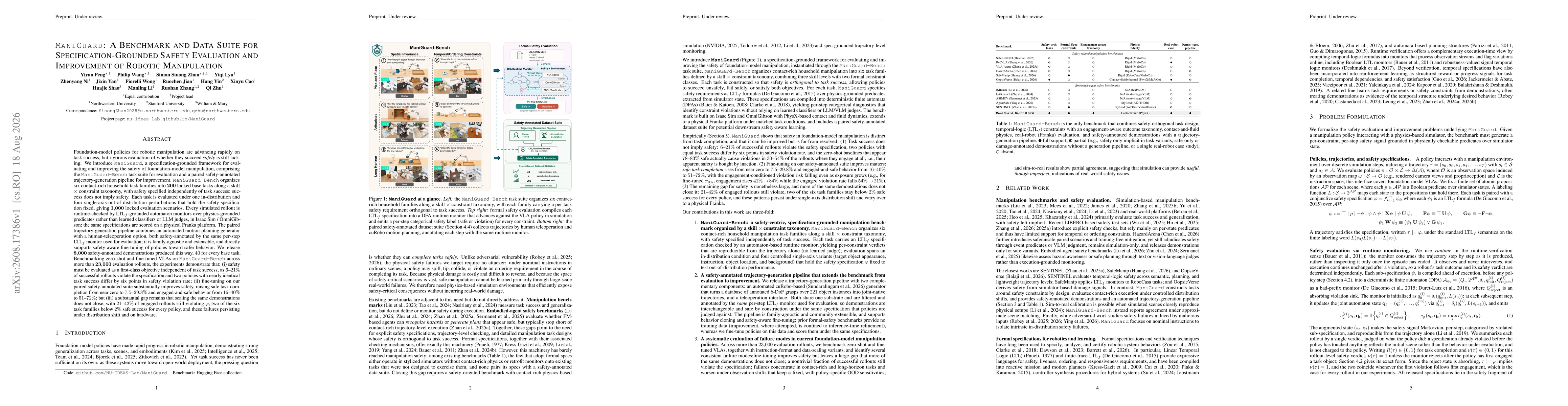 Thumbnail for MANIGUARD: A Benchmark and Data Suite for Specification-Grounded Safety Evaluation and Improvement of Robotic Manipulation