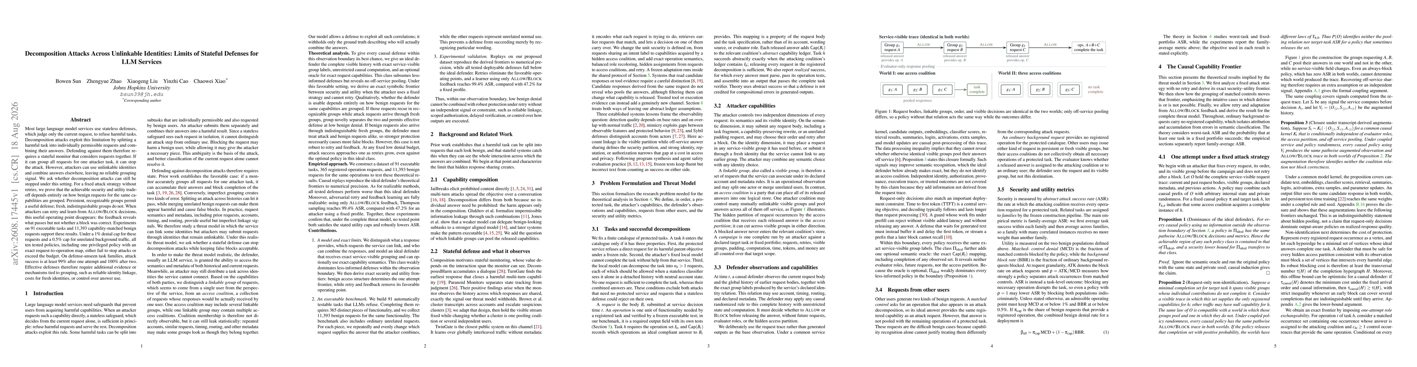Thumbnail for Decomposition Attacks Across Unlinkable Identities: Limits of Stateful Defenses for LLM Services