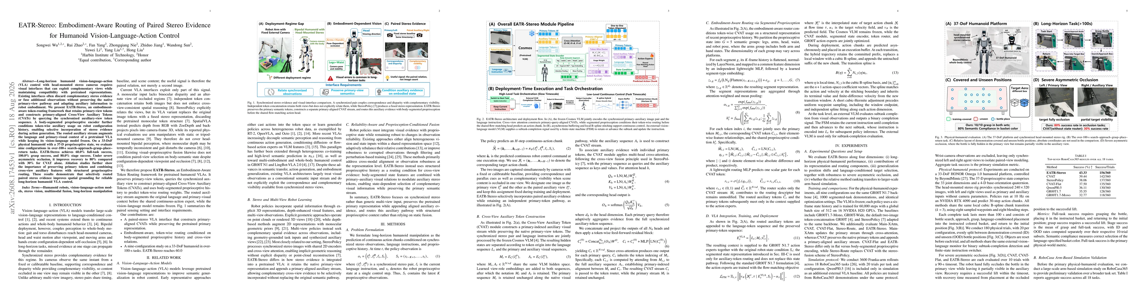 Thumbnail for EATR-Stereo: Embodiment-Aware Routing of Paired Stereo Evidence for Humanoid Vision-Language-Action Control
