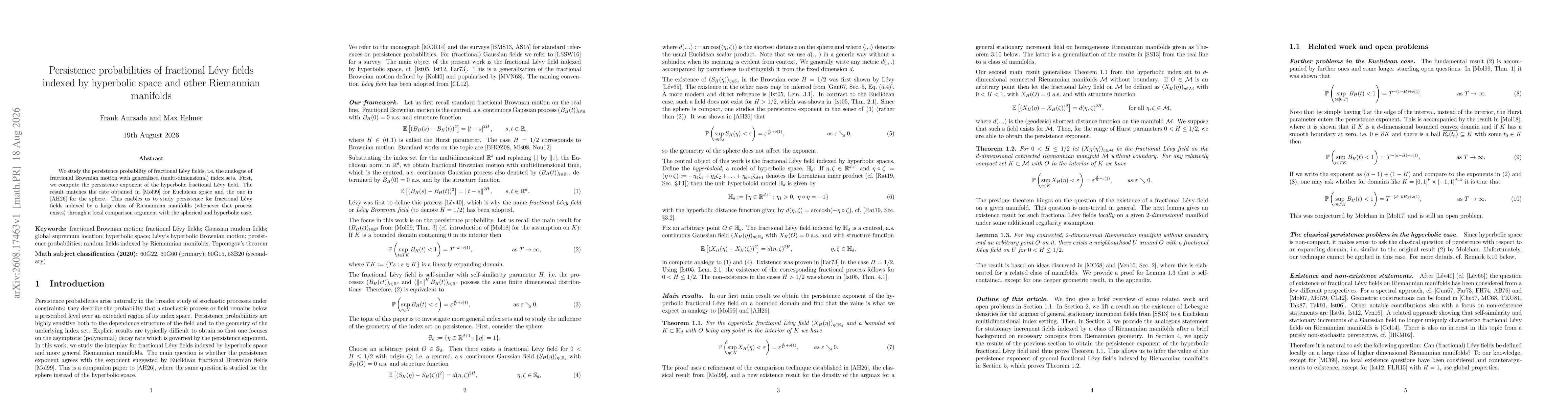 Thumbnail for Persistence probabilities of fractional Lévy fields indexed by hyperbolic space and other Riemannian manifolds