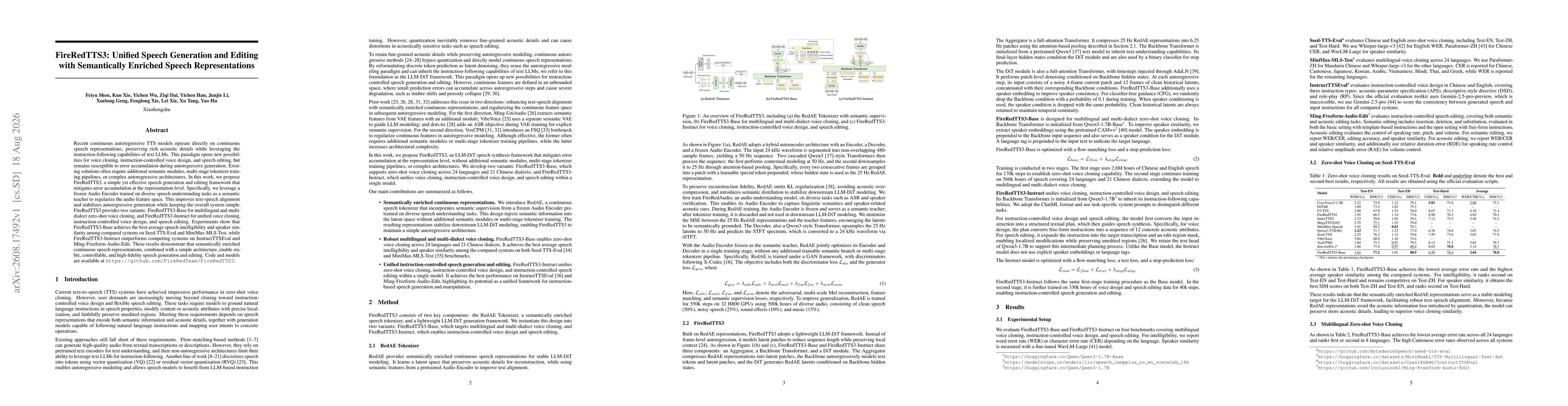 Thumbnail for FireRedTTS3: Unified Speech Generation and Editing with Semantically Enriched Speech Representations