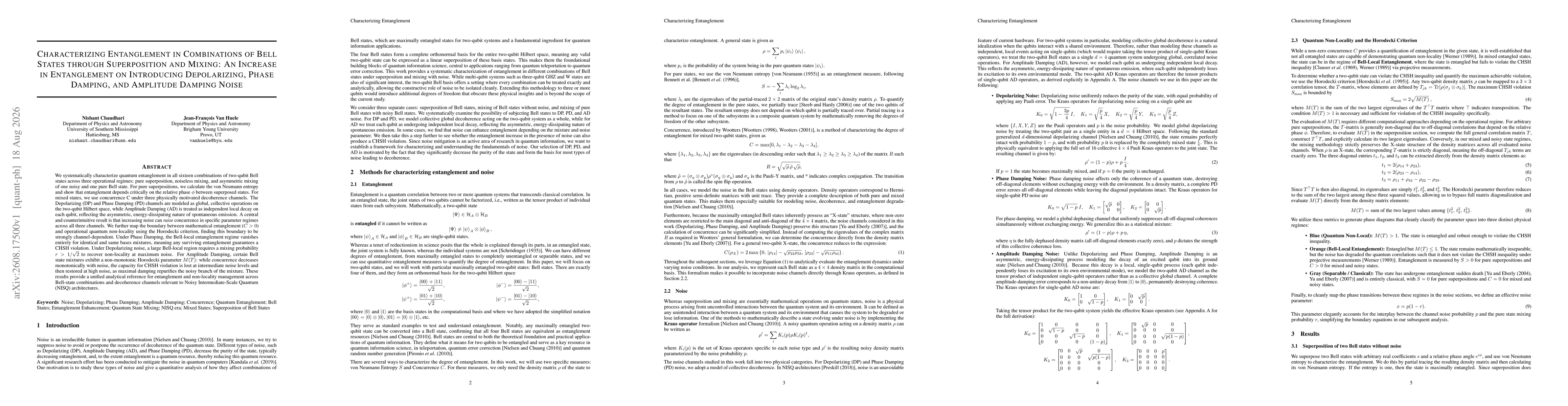Thumbnail for Characterizing Entanglement in Combinations of Bell States through Superposition and Mixing: An Increase in Entanglement on Introducing Depolarizing, Phase Damping, and Amplitude Damping Noise