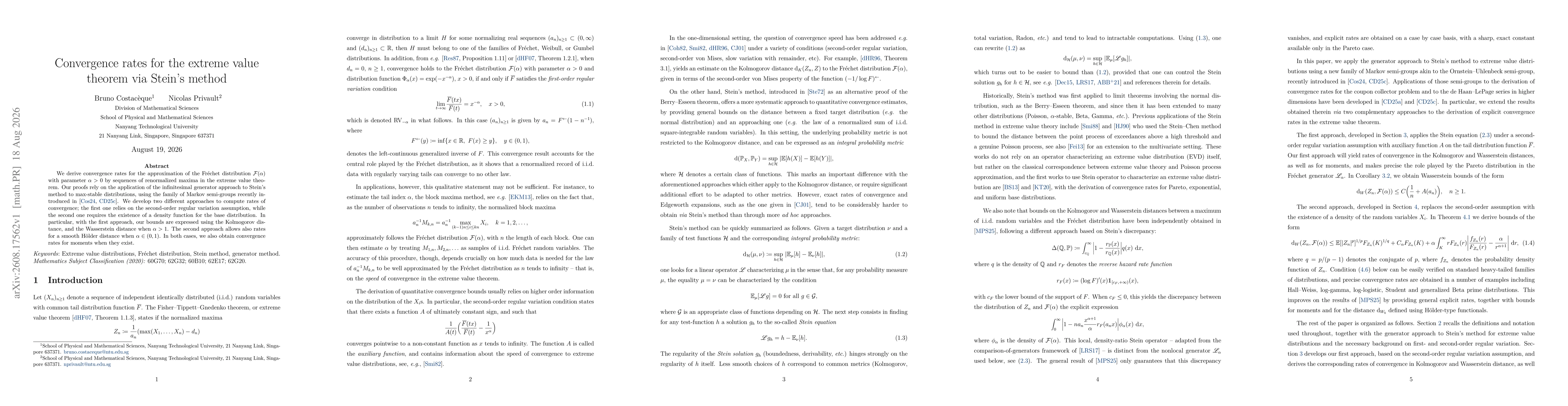 Thumbnail for Convergence rates for the extreme value theorem via Stein's method
