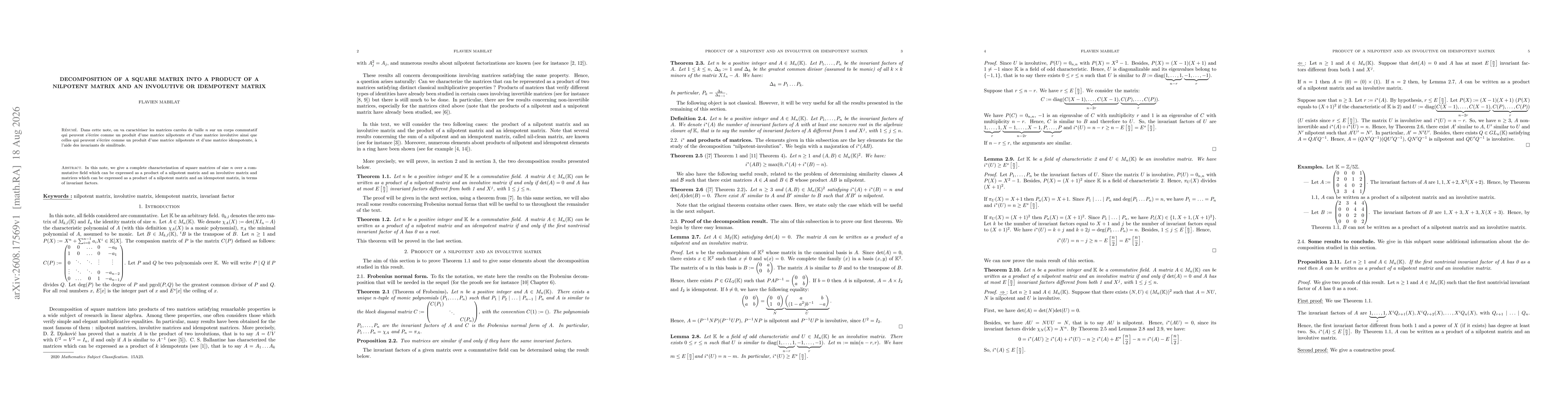 Thumbnail for Decomposition of a square matrix into a product of a nilpotent matrix and an involutive or idempotent matrix