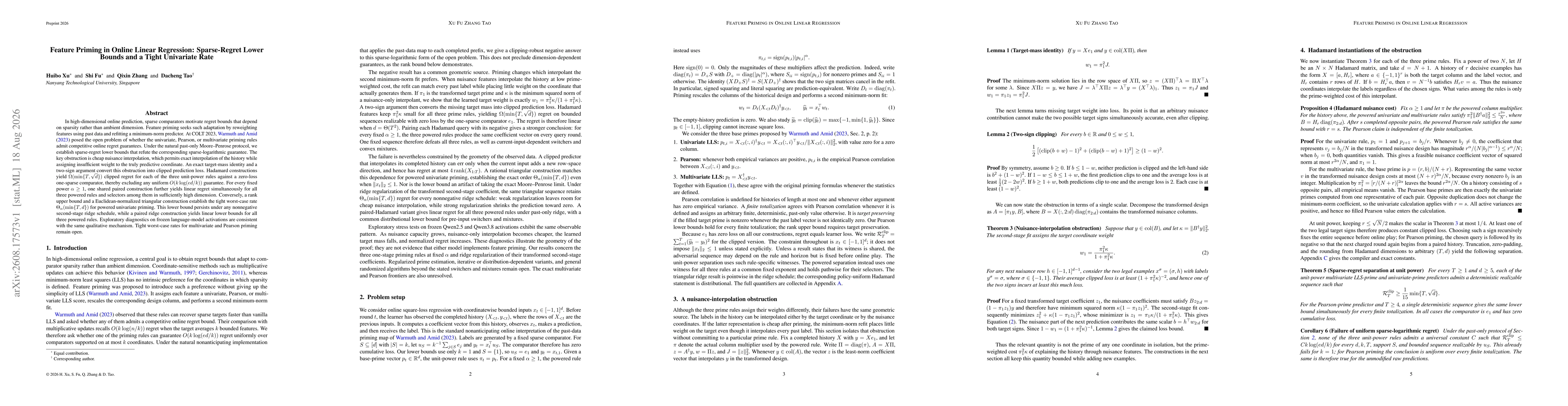 Thumbnail for Feature Priming in Online Linear Regression: Sparse-Regret Lower Bounds and a Tight Univariate Rate