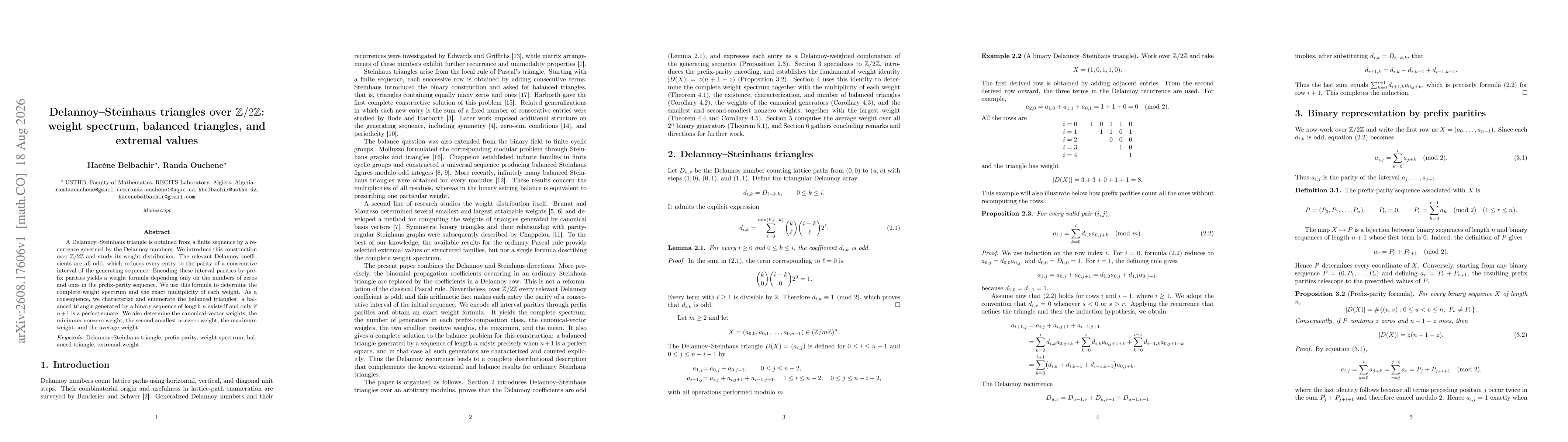 Thumbnail for Delannoy--Steinhaus triangles over $\mathbb{Z}/2\mathbb{Z}$: weight spectrum, balanced triangles, and extremal values