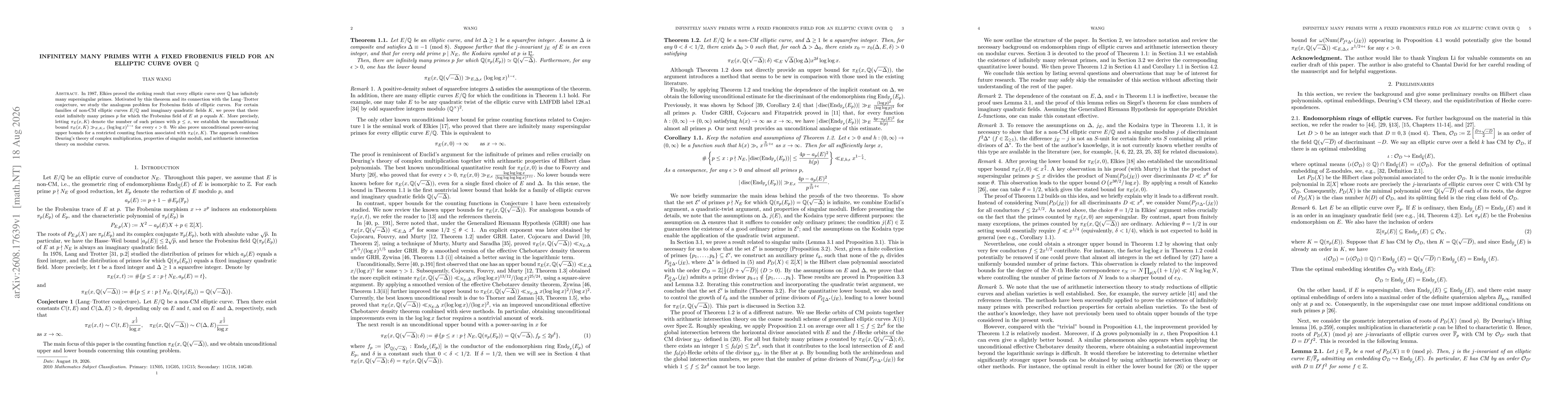 Thumbnail for Infinitely many primes with a fixed Frobenius field for an elliptic curve over $\mathbb{Q}$