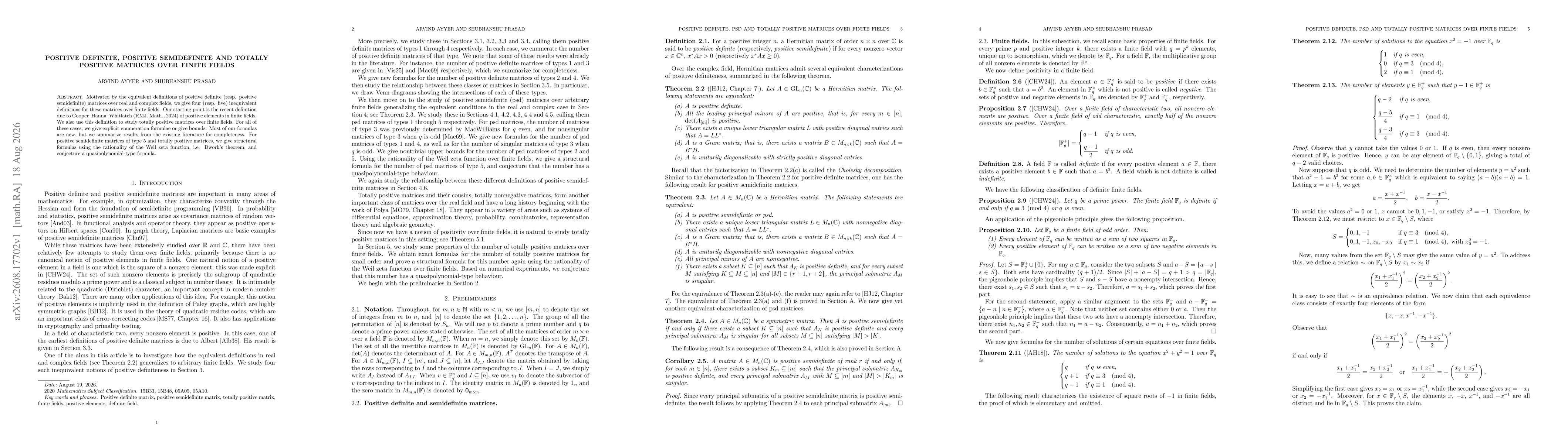 Thumbnail for Positive definite, positive semidefinite and totally positive matrices over finite fields