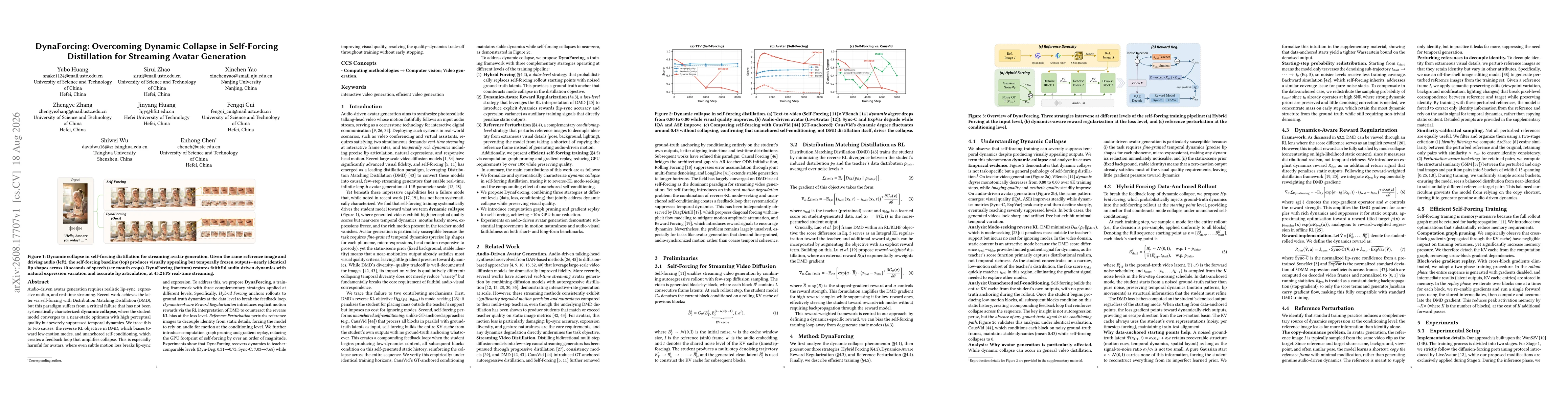 Thumbnail for DynaForcing: Overcoming Dynamic Collapse in Self-Forcing Distillation for Streaming Avatar Generation