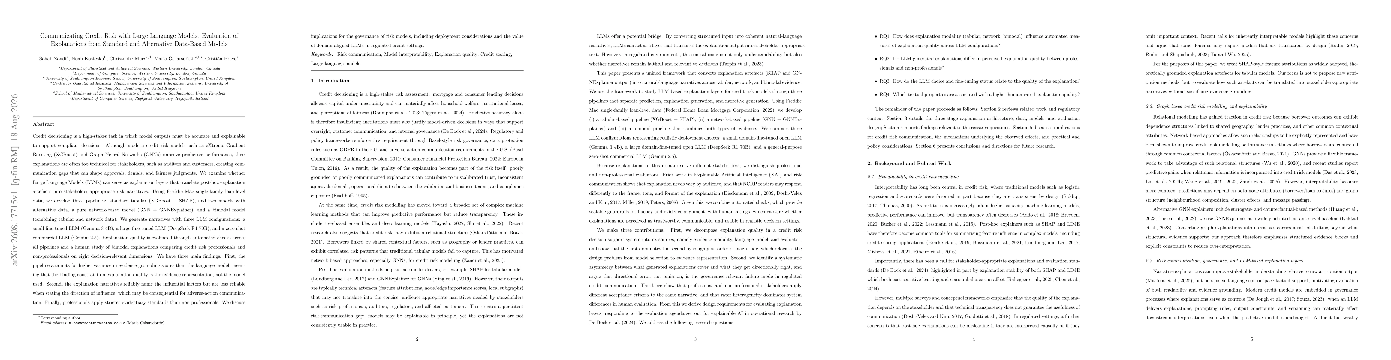 Thumbnail for Communicating Credit Risk with Large Language Models: Evaluation of Explanations from Standard and Alternative Data-Based Models