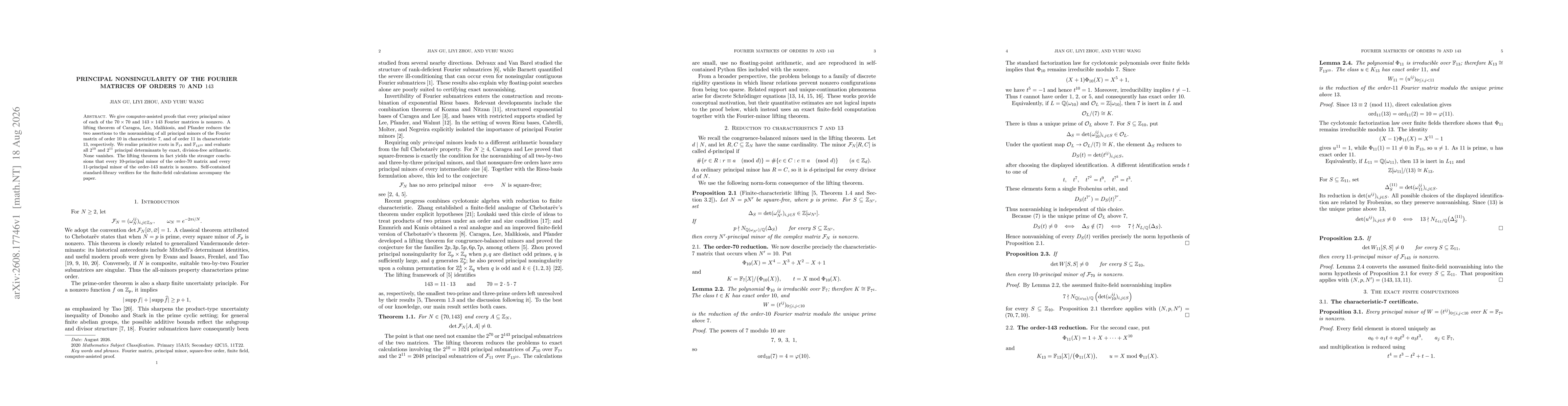 Thumbnail for Principal nonsingularity of the Fourier matrices of orders \(70\) and \(143\)