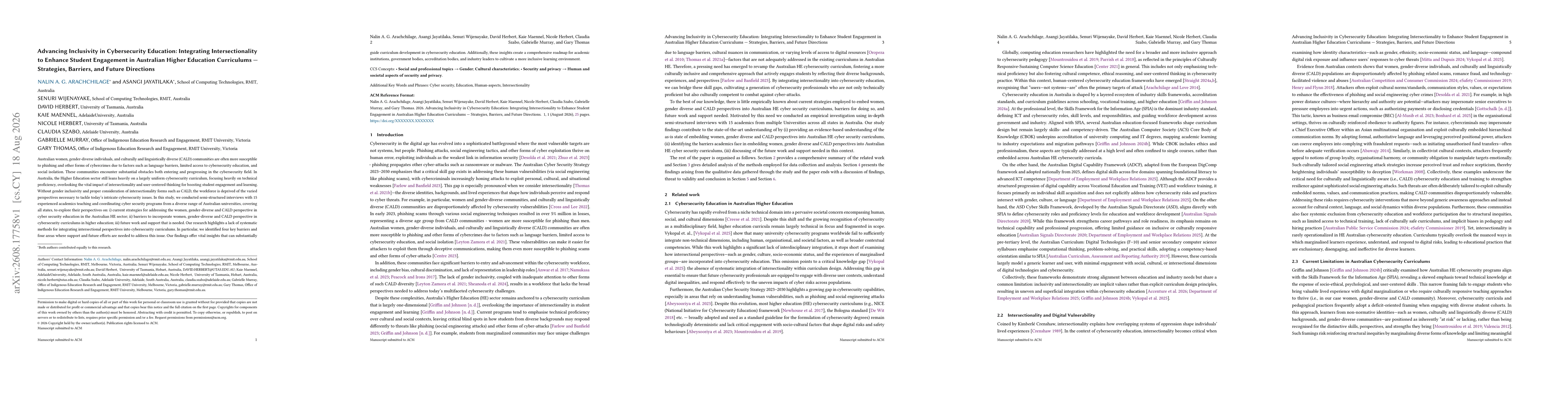 Thumbnail for Advancing Inclusivity in Cybersecurity Education: Integrating Intersectionality to Enhance Student Engagement in Australian Higher Education Curriculums Strategies, Barriers, and Future Directions