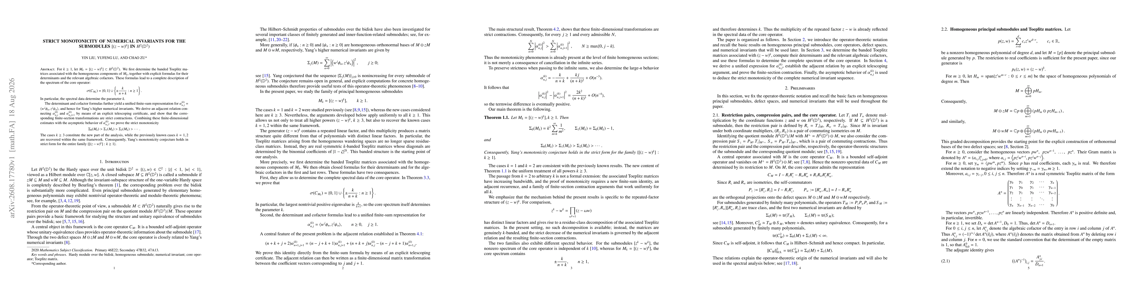 Thumbnail for Strict Monotonicity of Numerical Invariants for the Submodules $[(z-w)^k]$ in $H^2(\mathbb D^2)$
