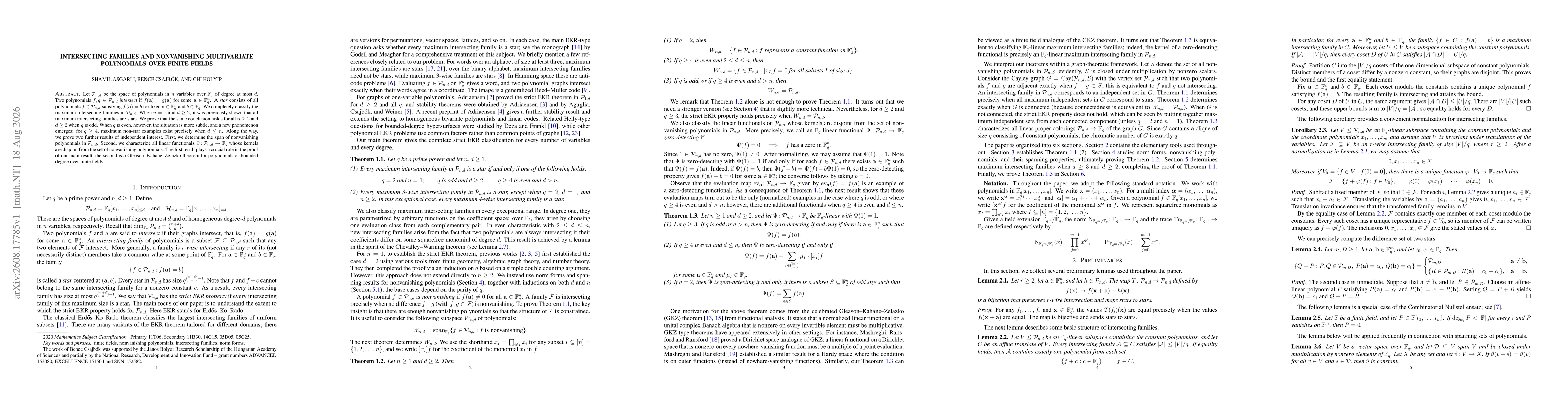 Thumbnail for Intersecting families and nonvanishing multivariate polynomials over finite fields