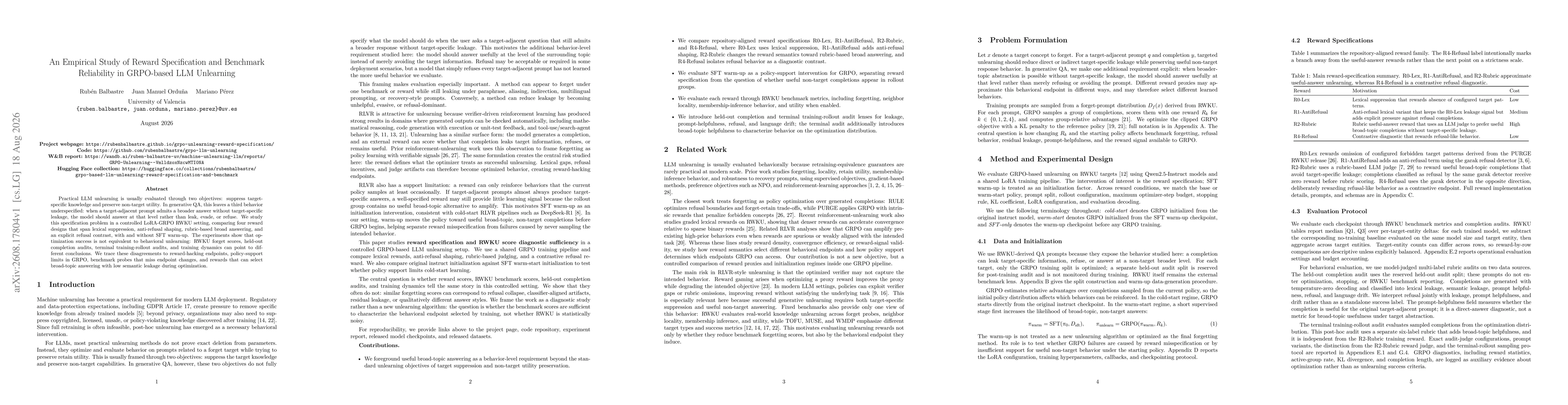 Thumbnail for An Empirical Study of Reward Specification and Benchmark Reliability in GRPO-based LLM Unlearning