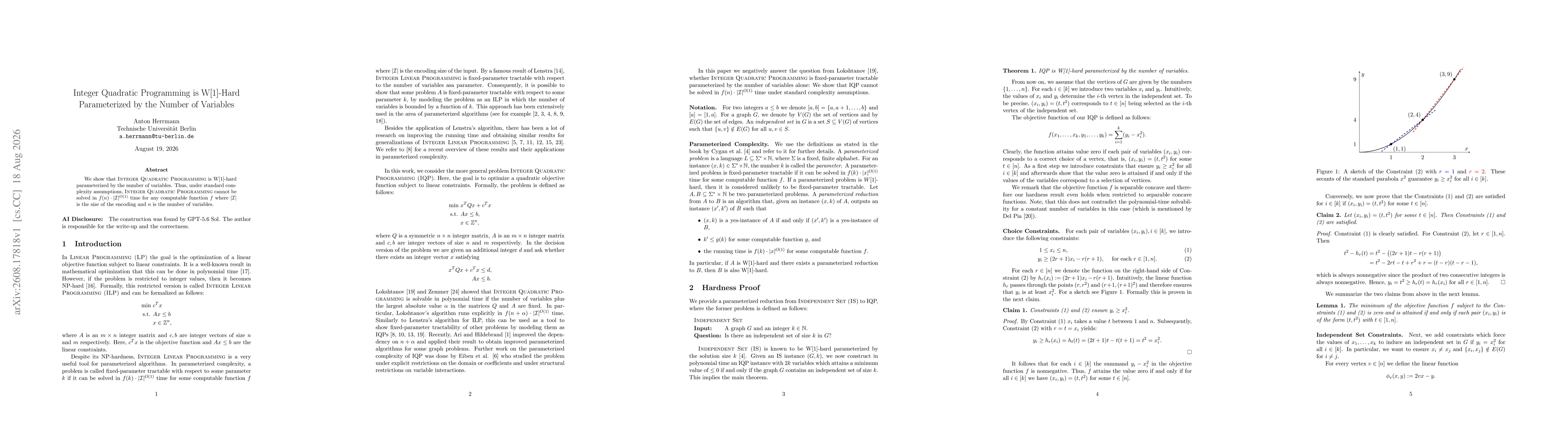 Thumbnail for Integer Quadratic Programming is W[1]-Hard Parameterized by the Number of Variables