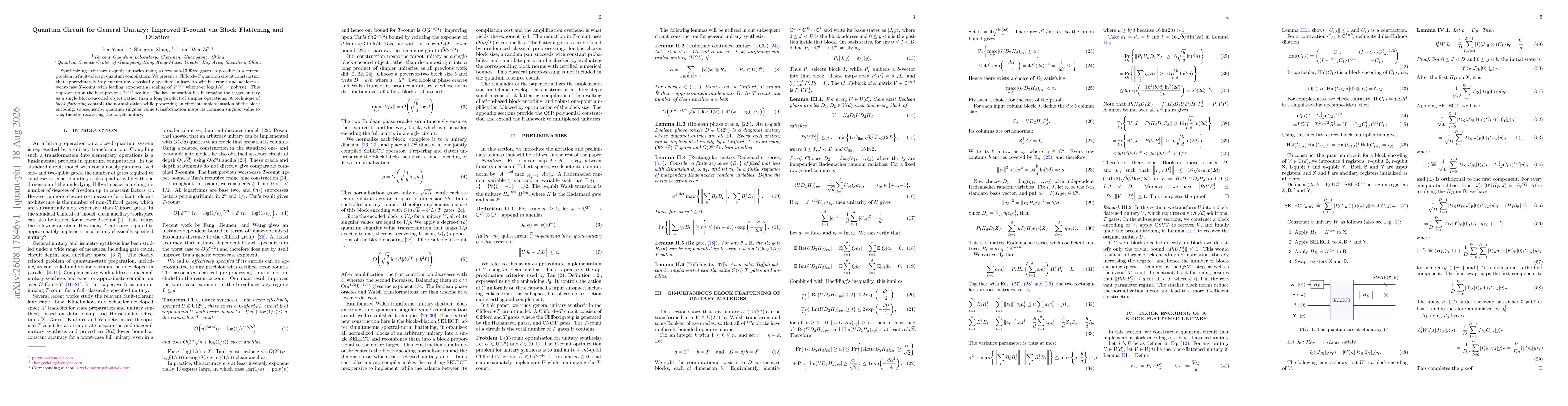 Thumbnail for Quantum Circuit for General Unitary: Improved T-count via Block Flattening and Dilation