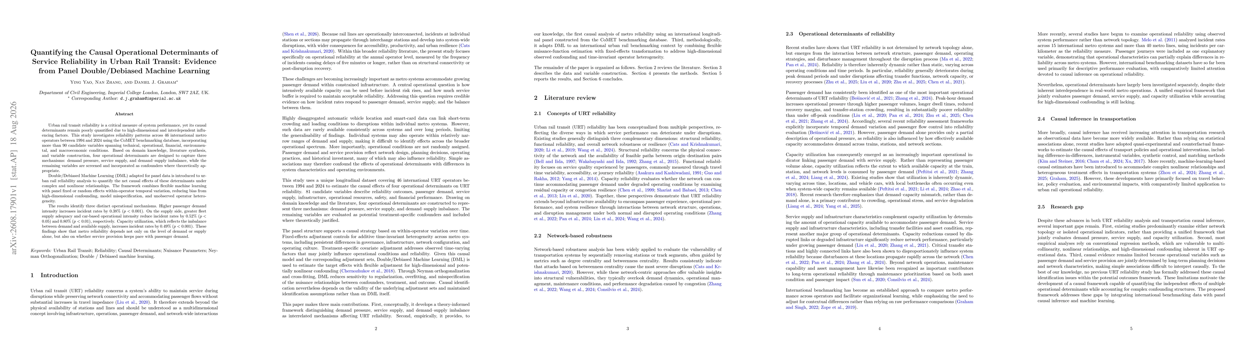 Thumbnail for Quantifying the Causal Operational Determinants of Service Reliability in Urban Rail Transit: Evidence from Panel Double/Debiased Machine Learning