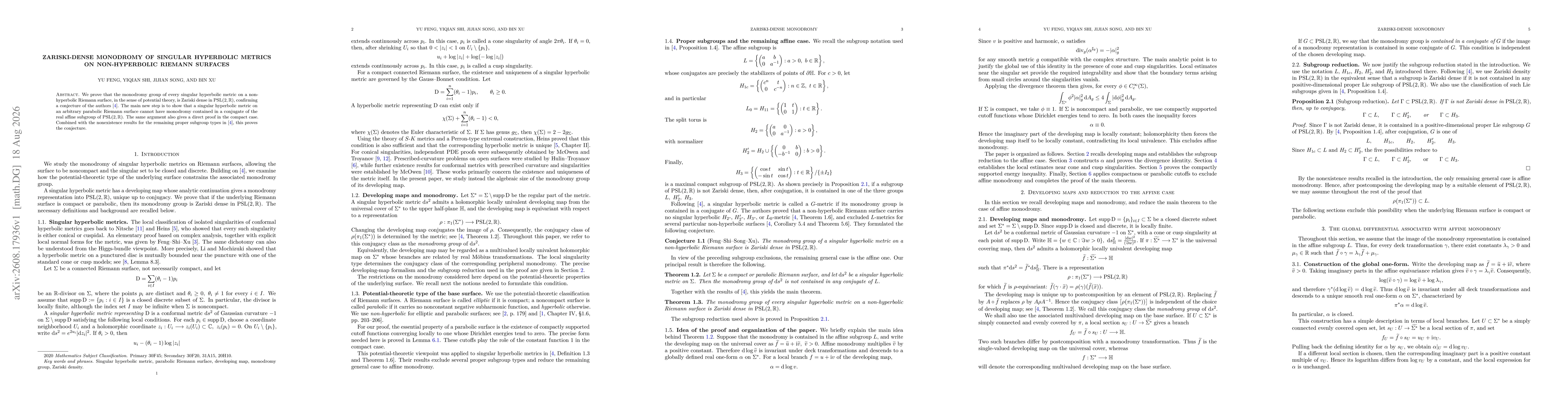 Thumbnail for Zariski-Dense Monodromy of Singular Hyperbolic Metrics on Non-Hyperbolic Riemann Surfaces