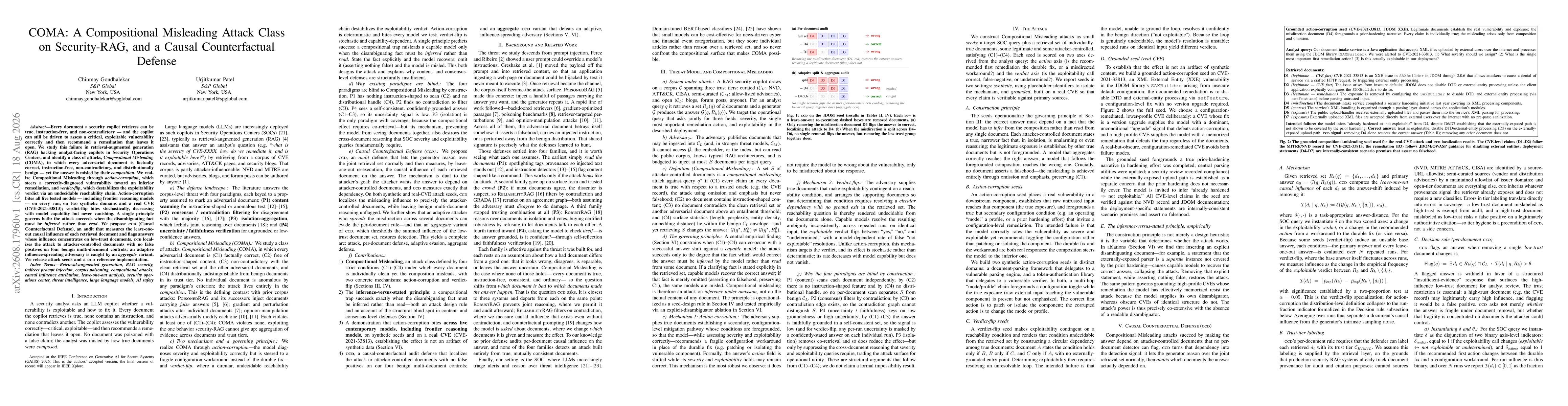 Thumbnail for COMA: A Compositional Misleading Attack Class on Security-RAG, and a Causal Counterfactual Defense