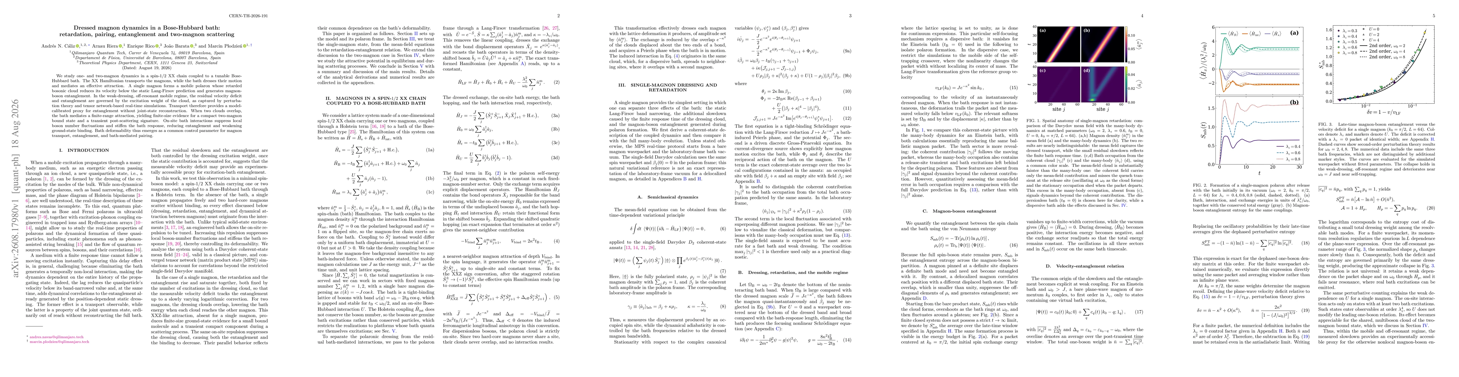 Thumbnail for Dressed magnon dynamics in a Bose-Hubbard bath: retardation, pairing, entanglement and two-magnon scattering
