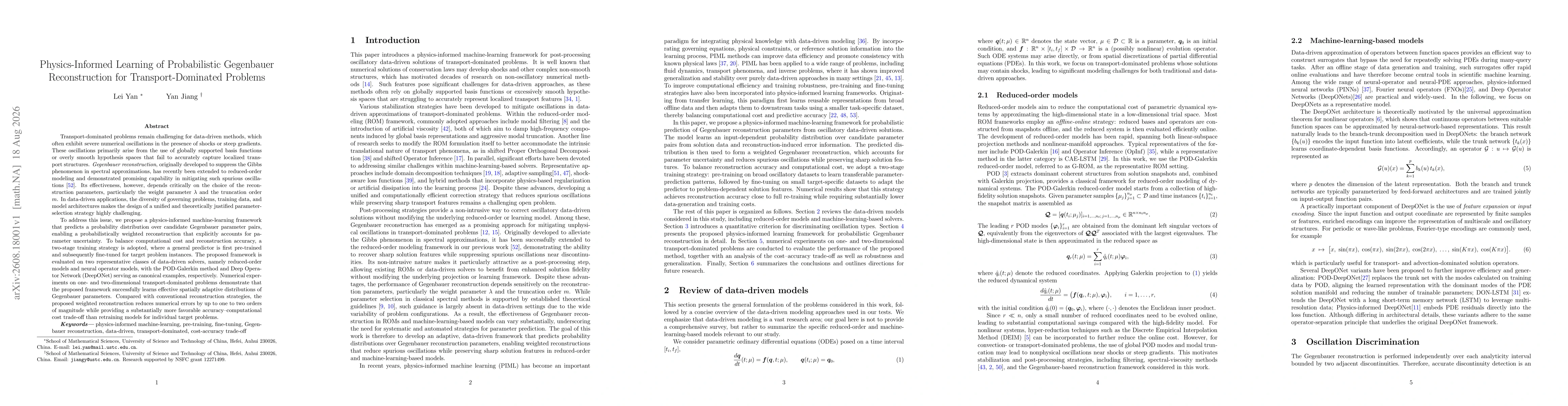 Thumbnail for Physics-Informed Learning of Probabilistic Gegenbauer Reconstruction for Transport-Dominated Problems