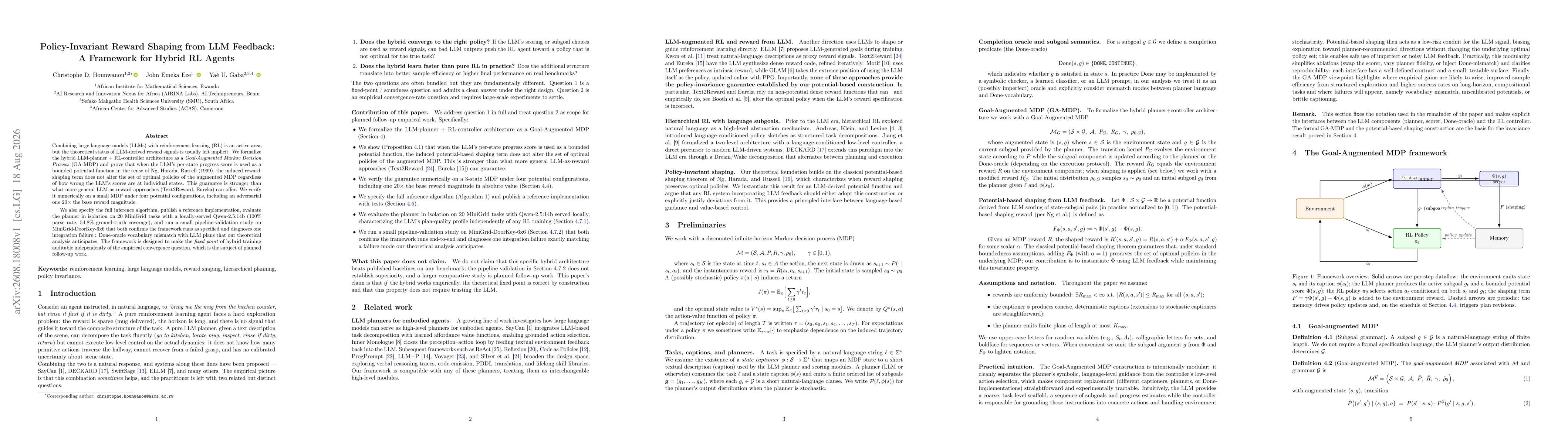 Thumbnail for Policy-Invariant Reward Shaping from LLM Feedback: A Framework for Hybrid RL Agents