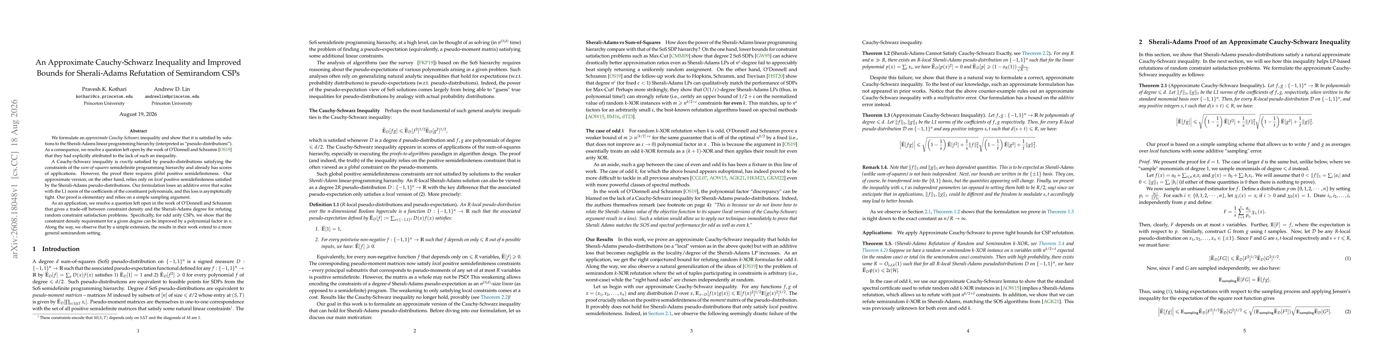 Thumbnail for An Approximate Cauchy-Schwarz Inequality and Improved Bounds for Sherali-Adams Refutation of Semirandom CSPs