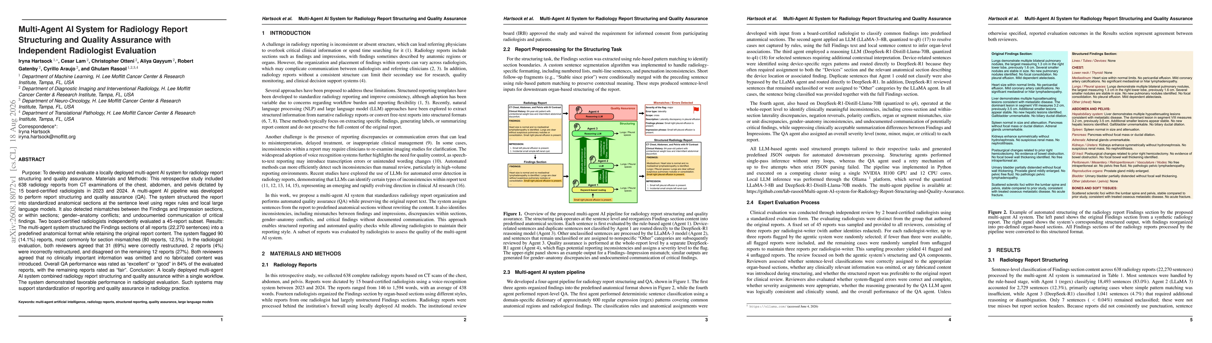 Thumbnail for Multi-Agent AI System for Radiology Report Structuring and Quality Assurance with Independent Radiologist Evaluation