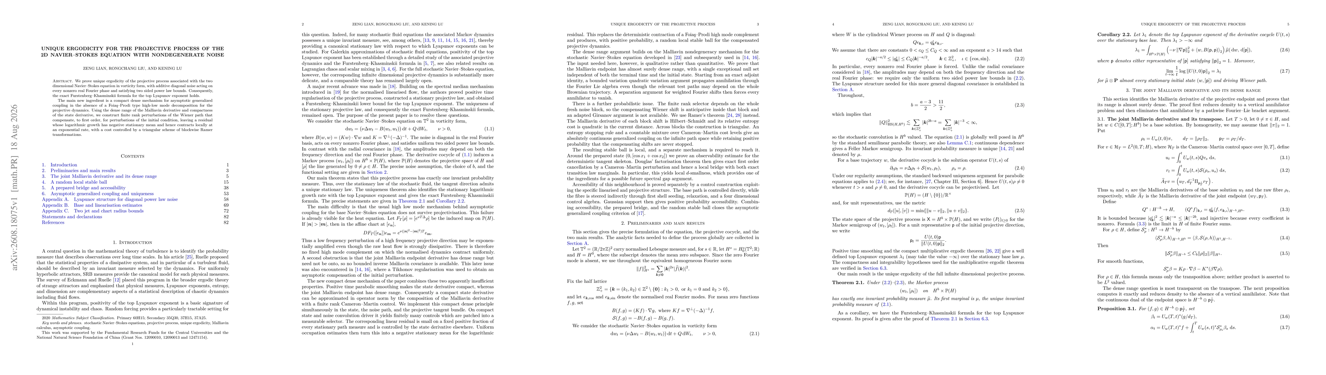 Thumbnail for Unique Ergodicity for the Projective Process of the 2D Navier--Stokes Equation with Nondegenerate Noise