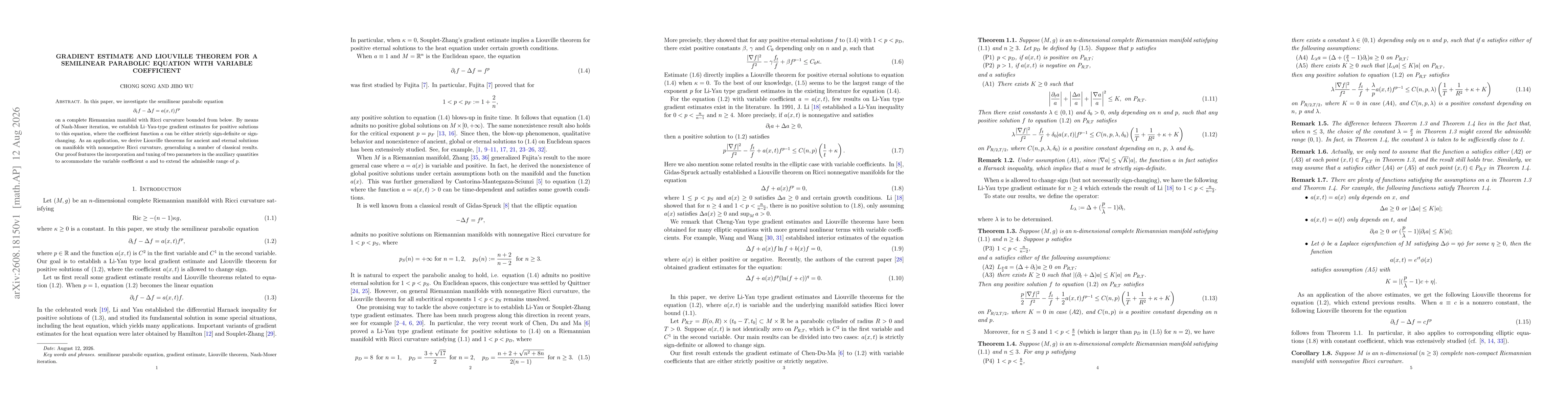 Thumbnail for Gradient estimate and Liouville theorem for a semilinear parabolic equation with variable coefficient