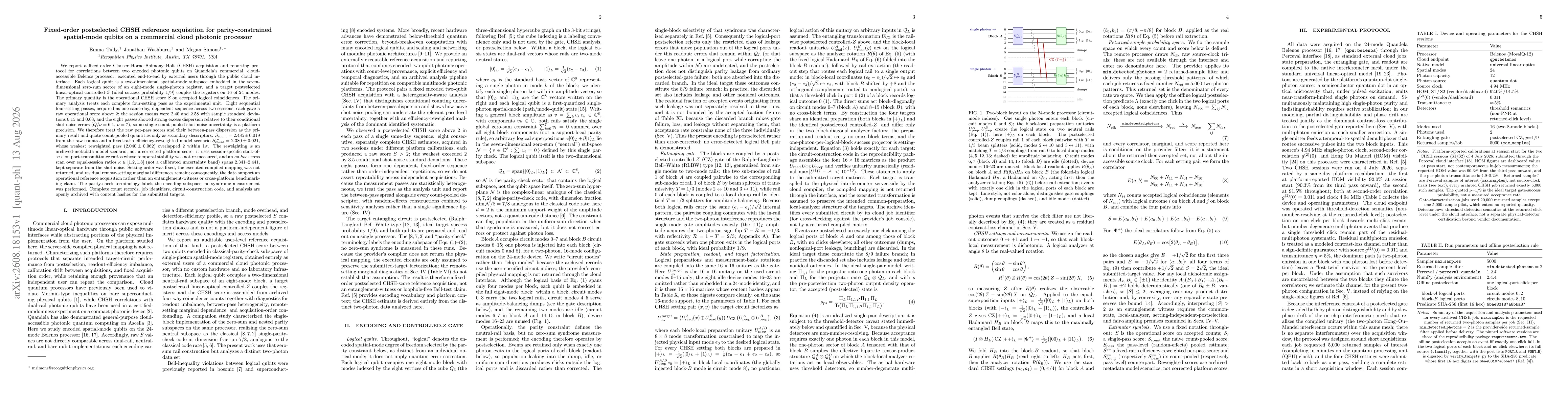 Thumbnail for Fixed-order postselected CHSH reference acquisition for parity-constrained spatial-mode qubits on a commercial cloud photonic processor