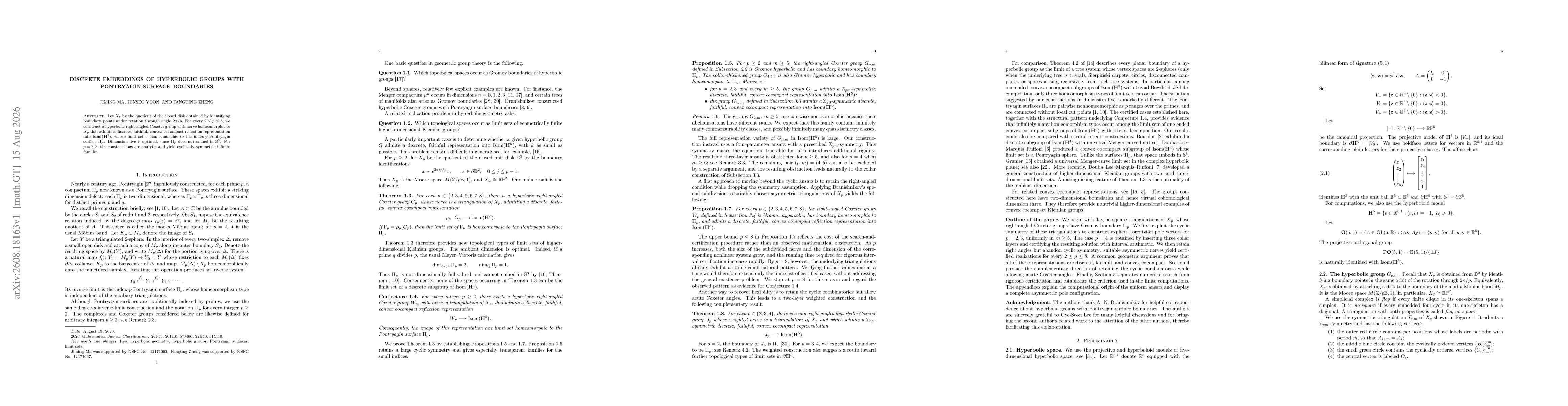 Thumbnail for Discrete embeddings of hyperbolic groups with Pontryagin-surface boundaries