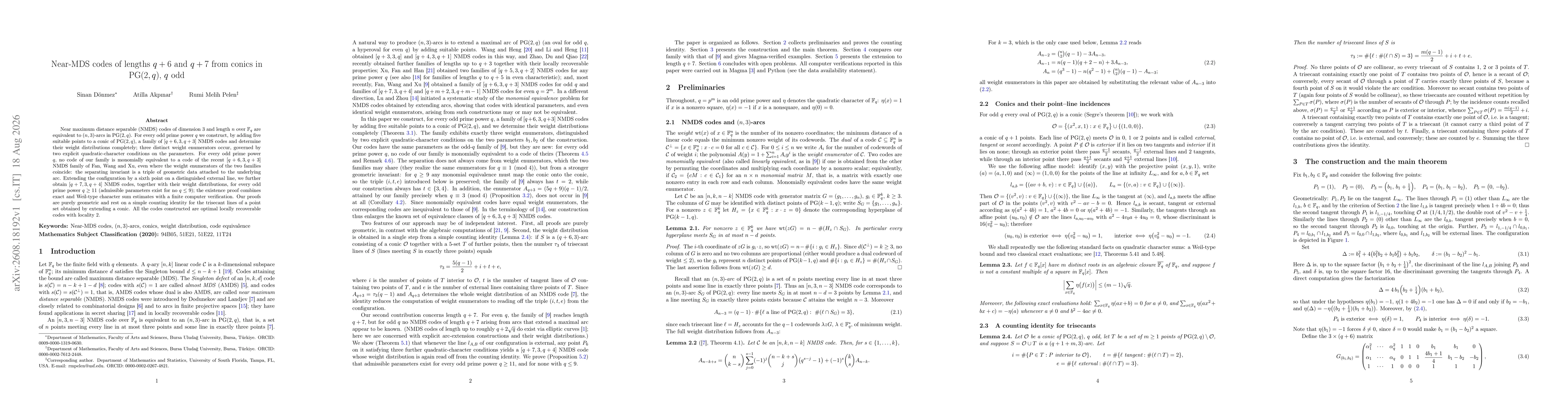 Thumbnail for Near-MDS codes of lengths q+6 and q+7 from conics in PG(2,q), q odd