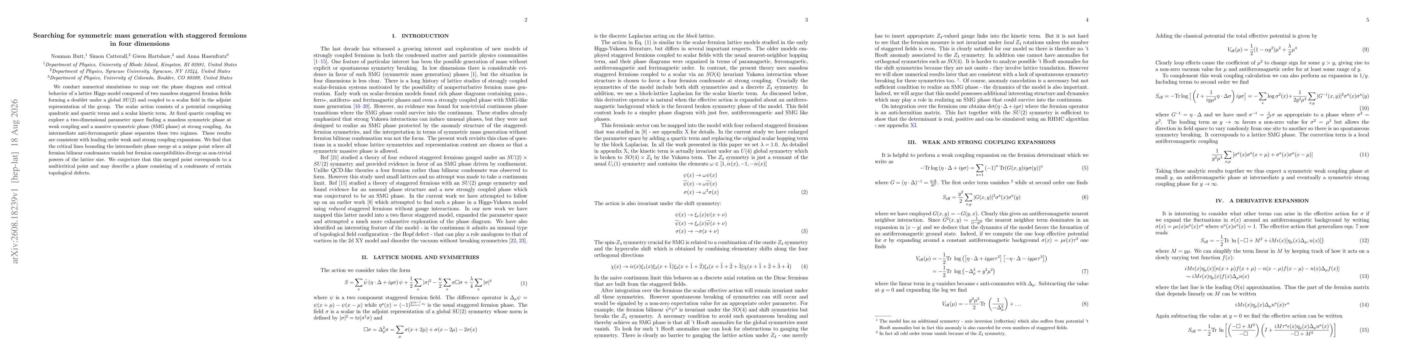Thumbnail for Searching for symmetric mass generation with staggered fermions in four dimensions