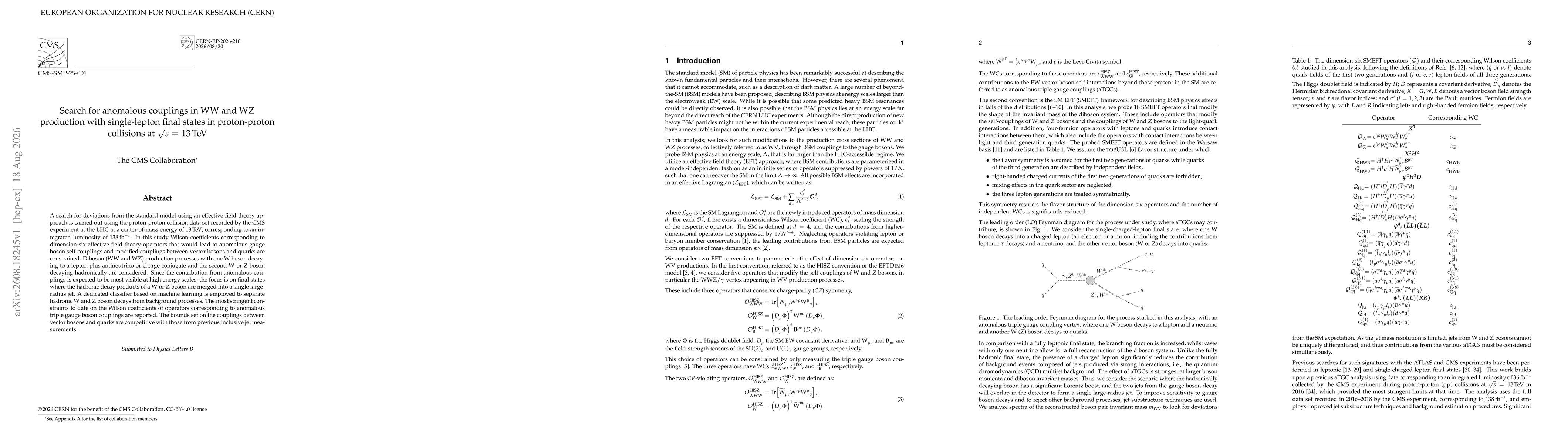 Thumbnail for Search for anomalous couplings in WW and WZ production with single-lepton final states in proton-proton collisions at $\sqrt{s}$ = 13 TeV