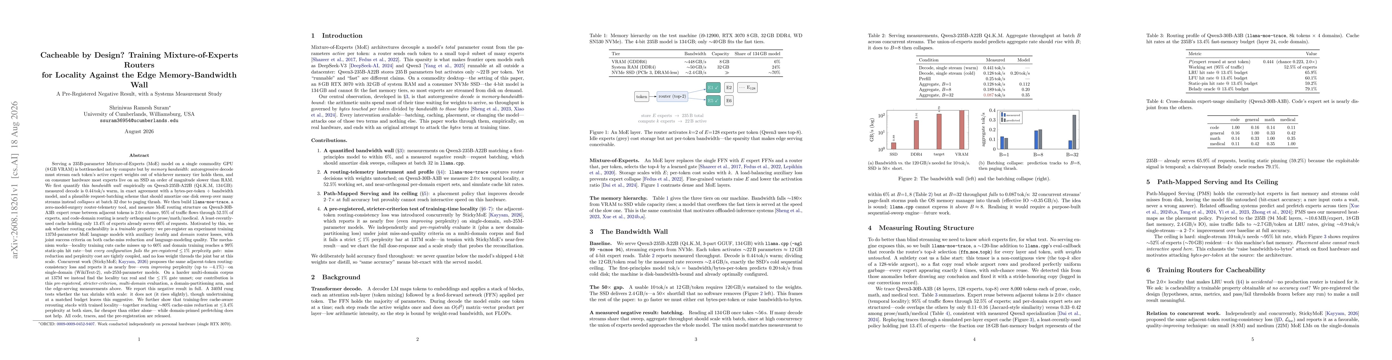 Thumbnail for Cacheable by Design? Training Mixture-of-Experts Routers for Locality Against the Edge Memory-Bandwidth Wall: A Pre-Registered Negative Result with a Systems Measurement Study