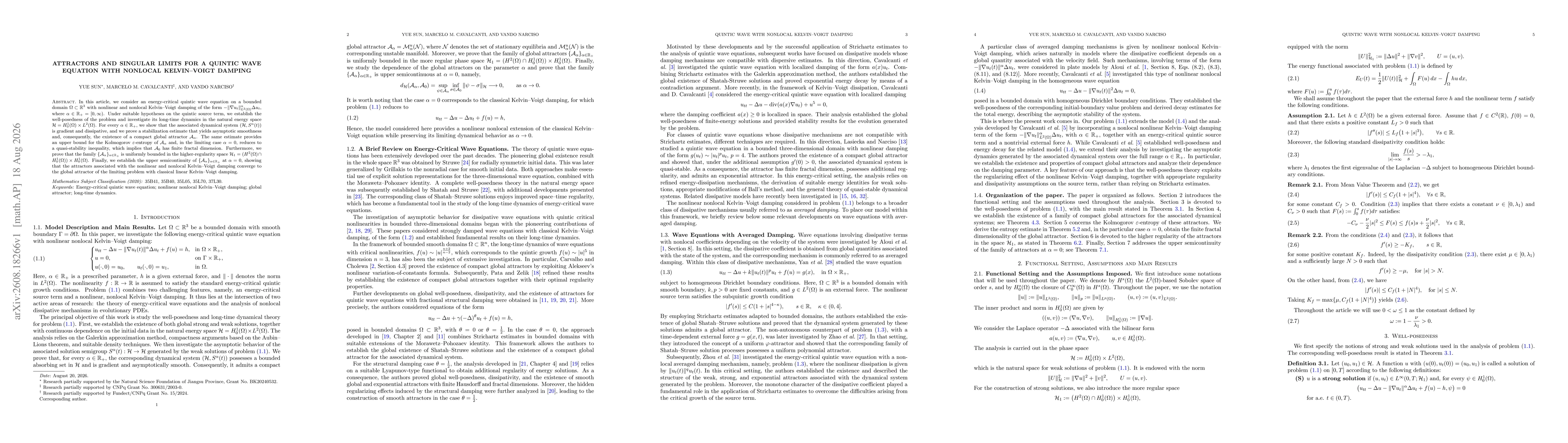 Thumbnail for Attractors and Singular Limits for a Quintic Wave Equation with Nonlocal Kelvin--Voigt Damping